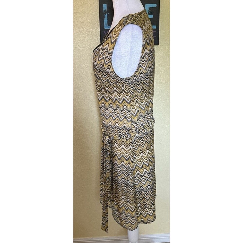 Tacera 1/4 Stop Zip Yellow White Chevron Sleeveless Tie Belt Shift Dress PL - Picture 3 of 8